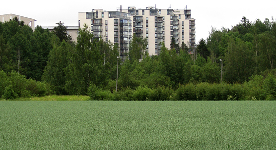 A photograph showing green area and some apartment buildings.